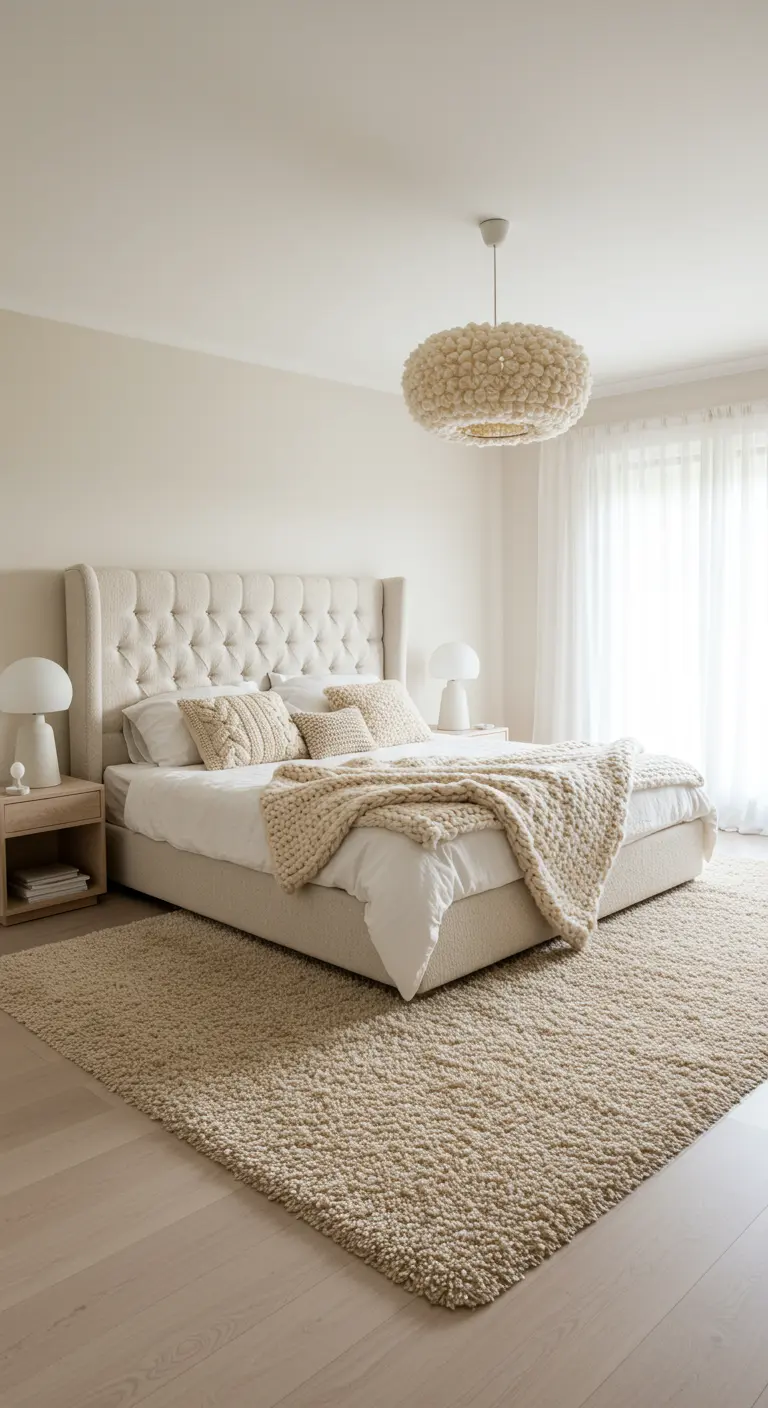 Lichte slaapkamer met beige bouclé bed, wollen plaid en hoogpolig tapijt.