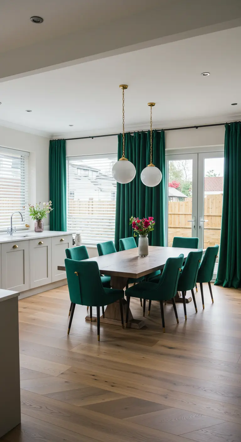 Eethoek met houten tafel, diepgroene velours stoelen en bijpassende groene gordijnen.