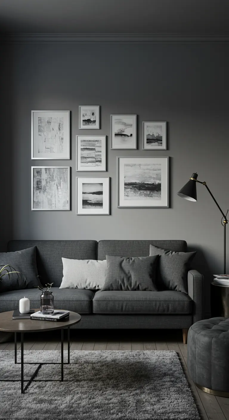 Galerijwand met abstracte landschapsfoto's in grijstinten tegen een donkergrijze muur.