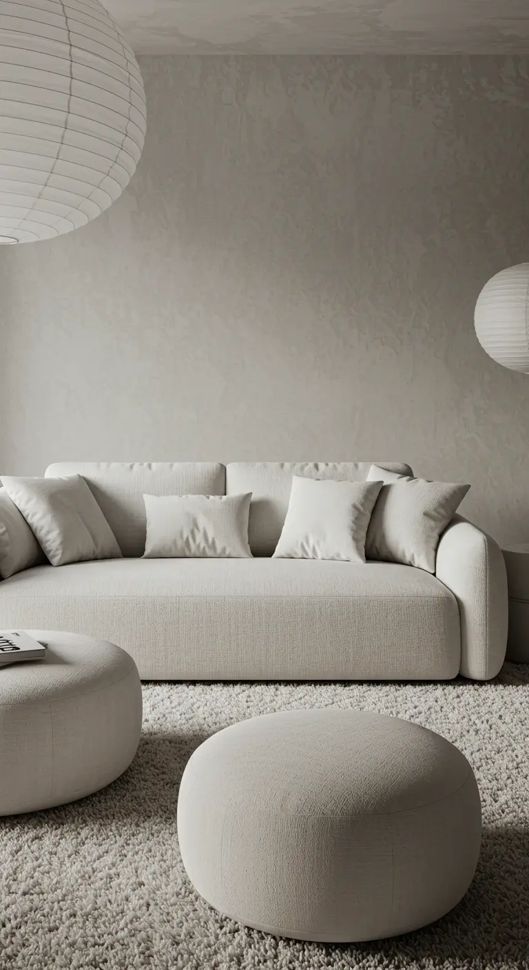 Lichte, neutrale woonkamer met grote bank en ronde crèmekleurige fluwelen poefs.
