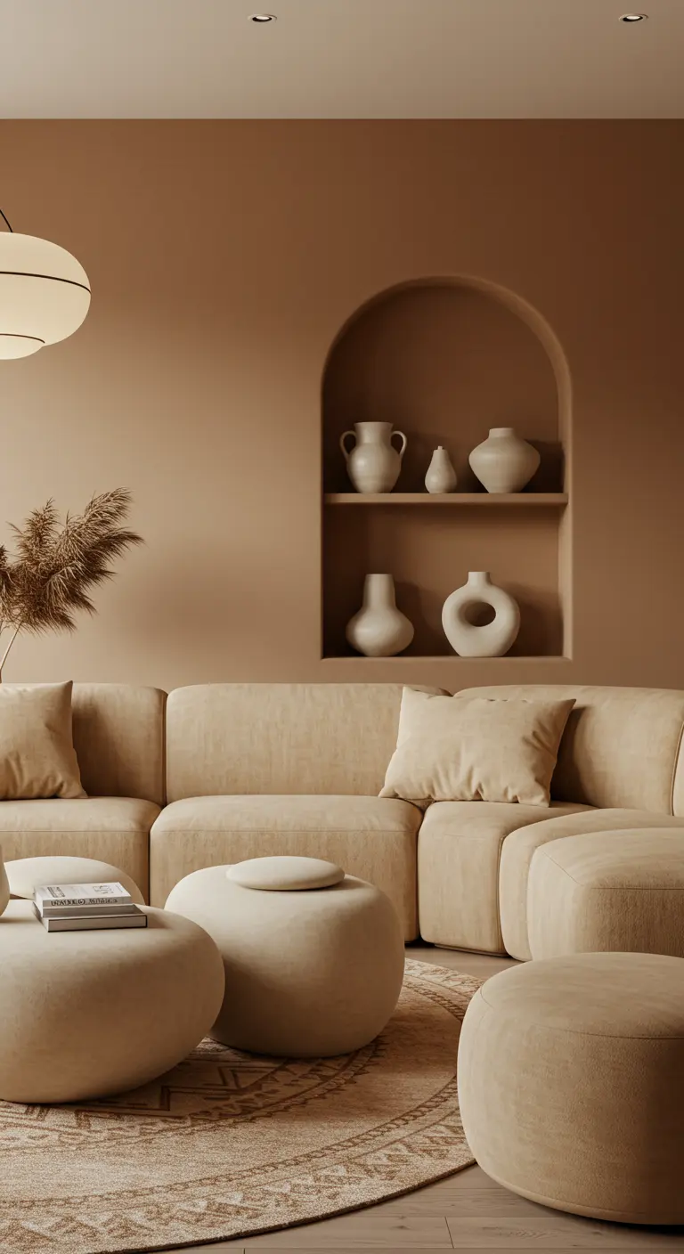 Beige woonkamer met een bank met ronde modules en een boogvormige nis met vazen.