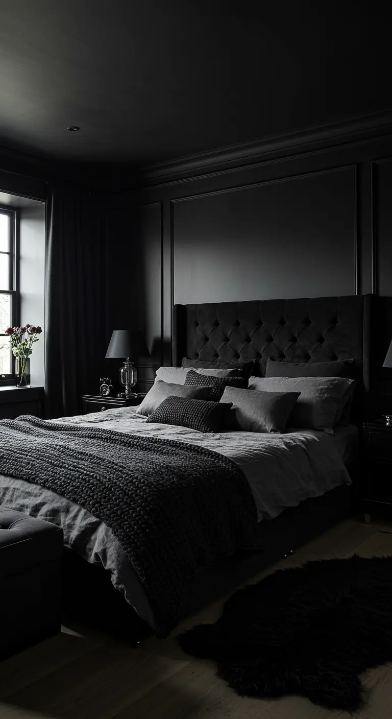 Luxueuze donkere slaapkamer met ton-sur-ton zwart en grijs, en een fluwelen hoofdbord.