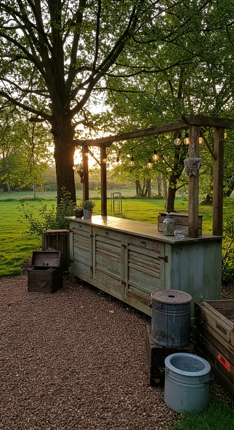 Verweerde houten toonbank als buitenbar in een tuin, met sfeerverlichting erboven.