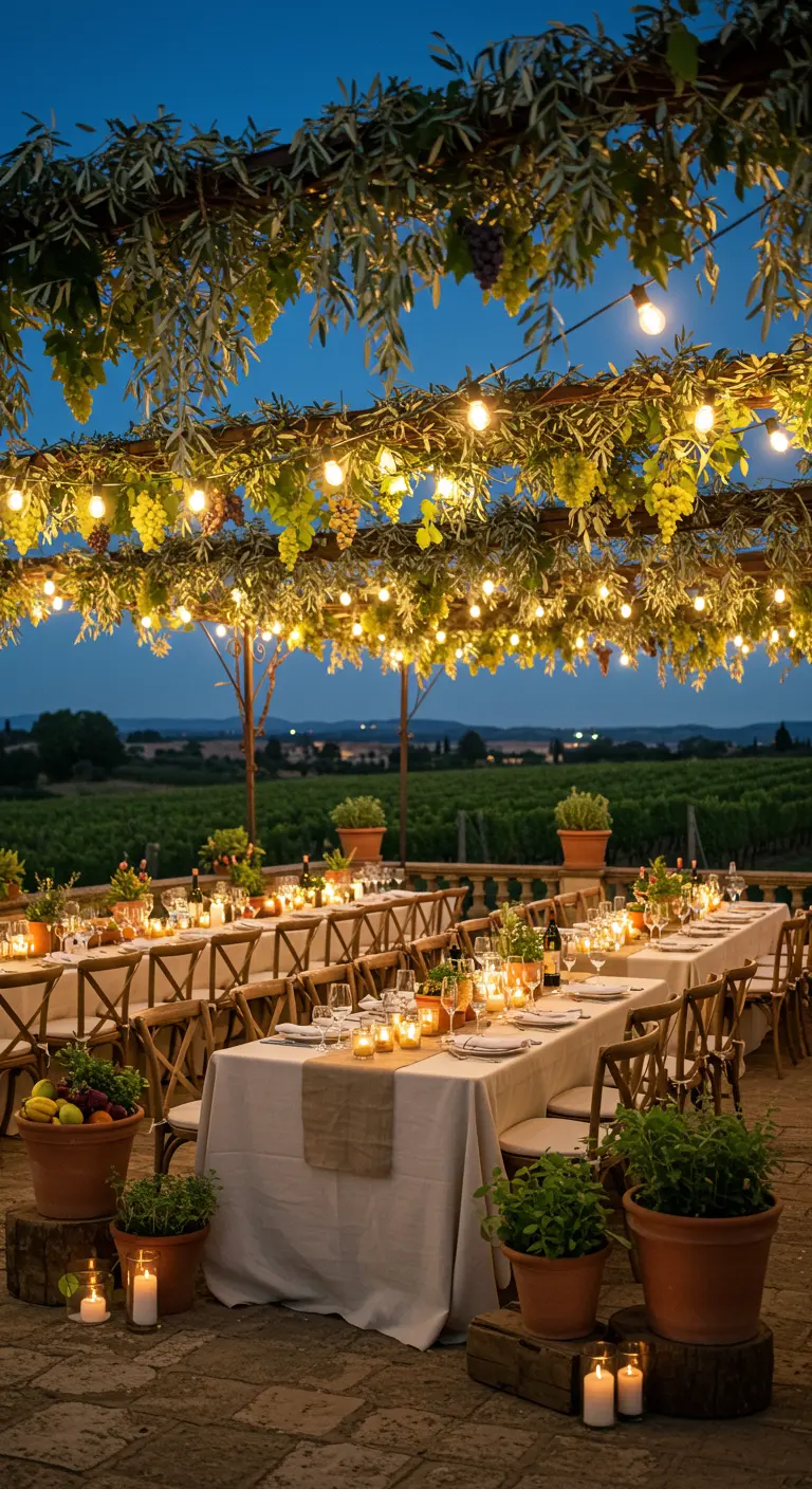 Lange dinertafels onder pergola met druivenranken en lichtslingers bij avondlicht.