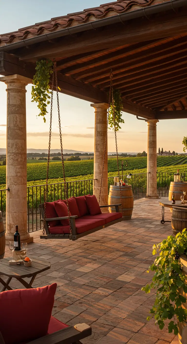 Donkerhouten schommelbank met rode kussens onder een pergola met wijnranken, uitzicht op wijngaard.