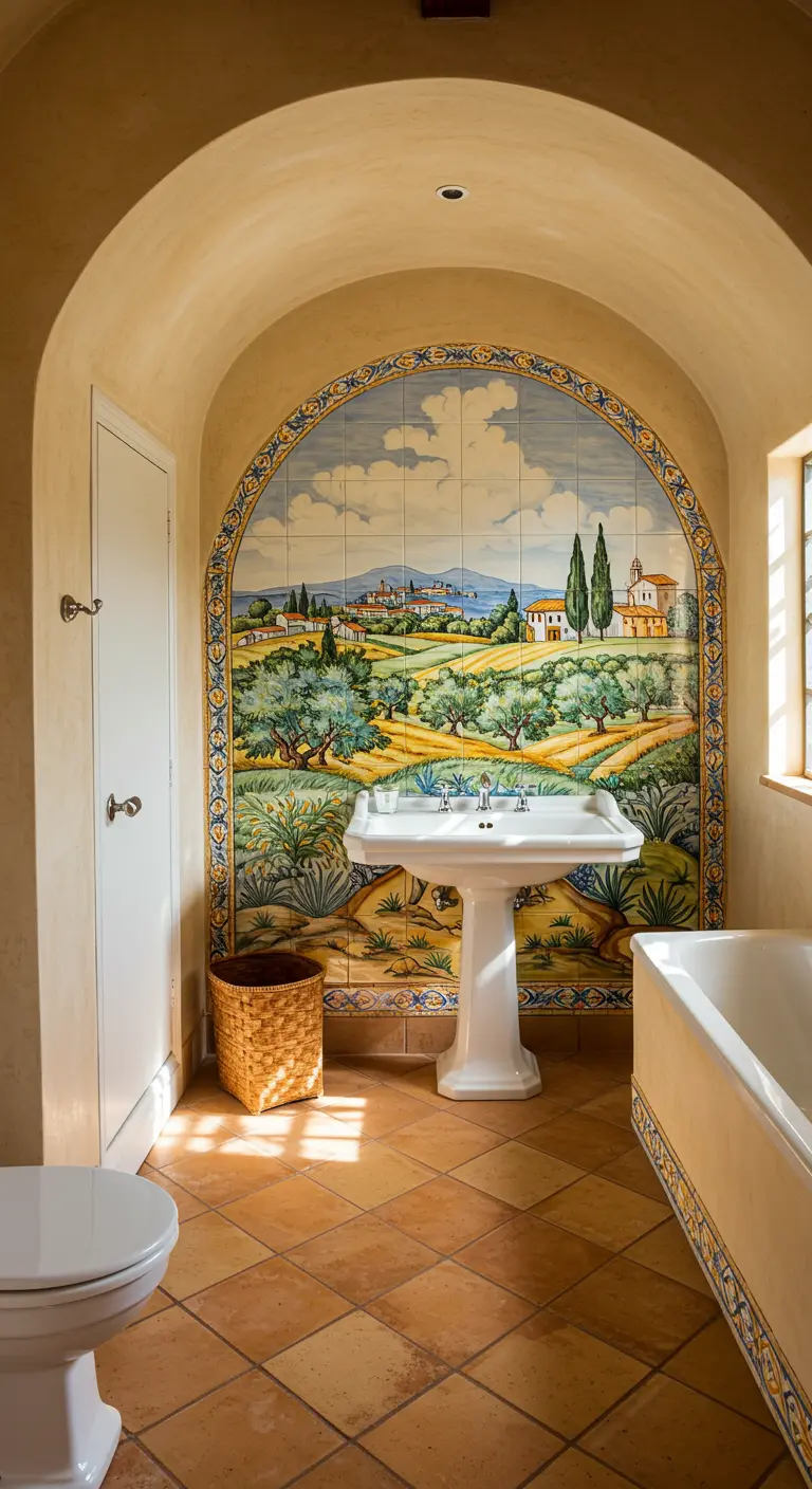 Badkamer in Toscaanse stijl met een grote tegelmuurschildering van een landschap onder een boog.