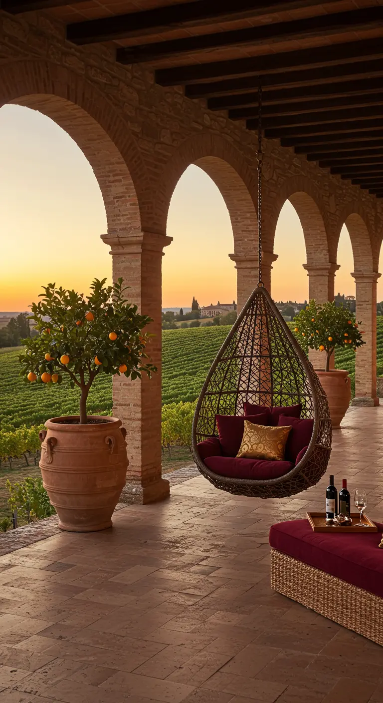 Donkere rotan hangstoel onder stenen bogen op een Toscaans terras bij zonsondergang.