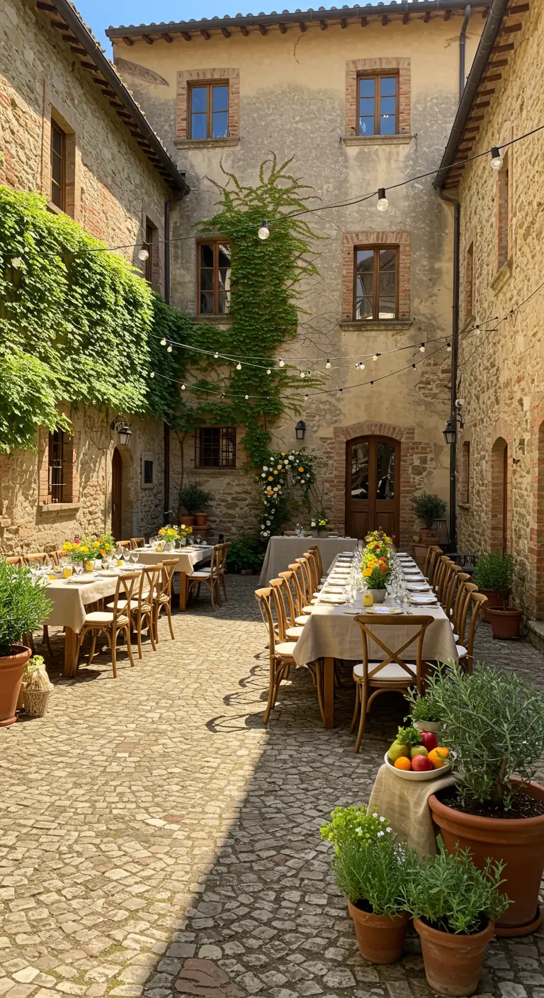 Sfeervolle Toscaanse binnenplaats met lange tafels, lichtslingers en terracotta potten