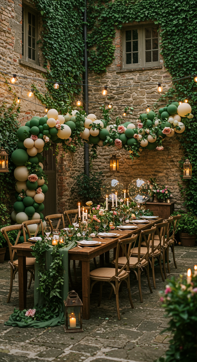 Groene en crèmekleurige ballonnenboog met rozen op een sfeervolle binnenplaats.