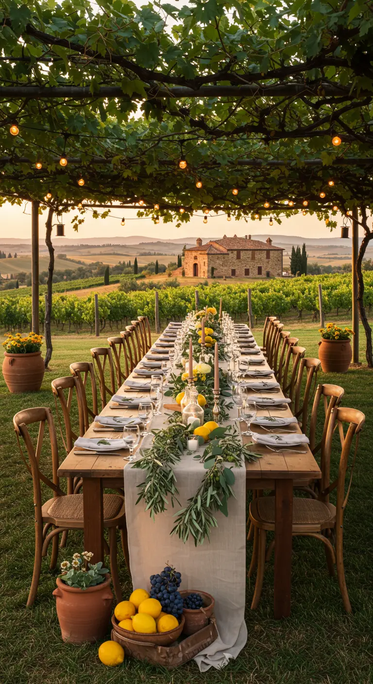 Lange houten eettafel gedekt voor bruiloft in Toscaanse wijngaard onder pergola.
