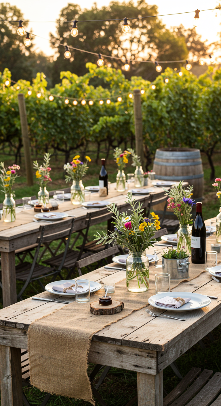 Lange houten tafels met jute lopers en veldbloemen in een wijngaard.