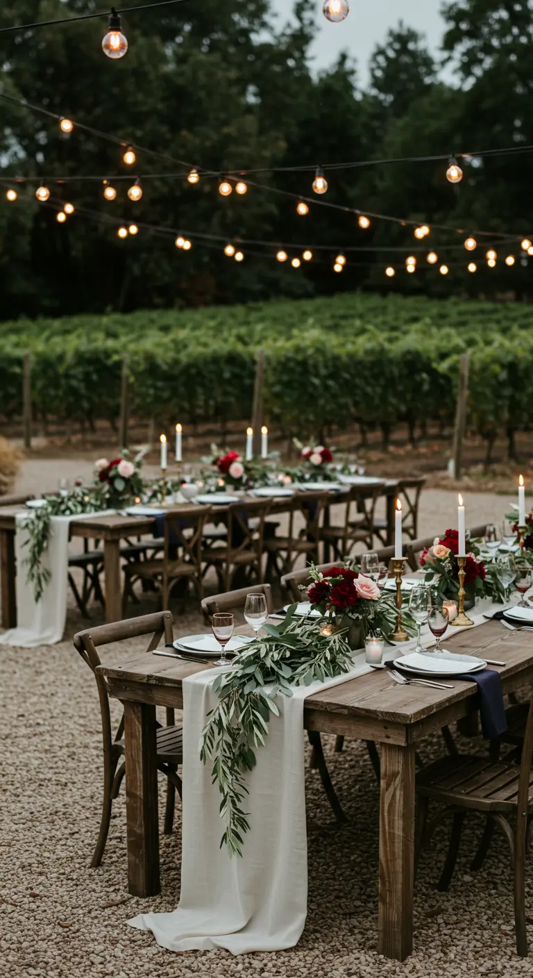 Lange houten tafels met witte lopers en bloemen onder lichtslingers in wijngaard.