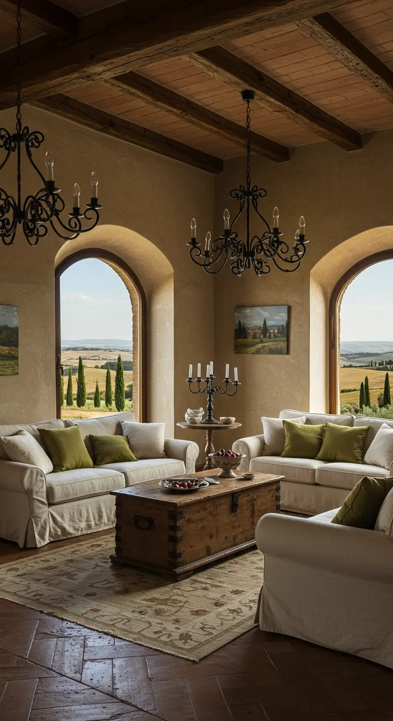 Rustieke woonkamer in Toscaanse stijl met uitzicht op heuvels en cipressen.