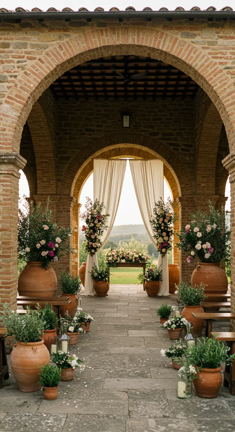 Italiaanse villa ceremonie-ingang met terracotta potten vol bloemen en olijftakken.