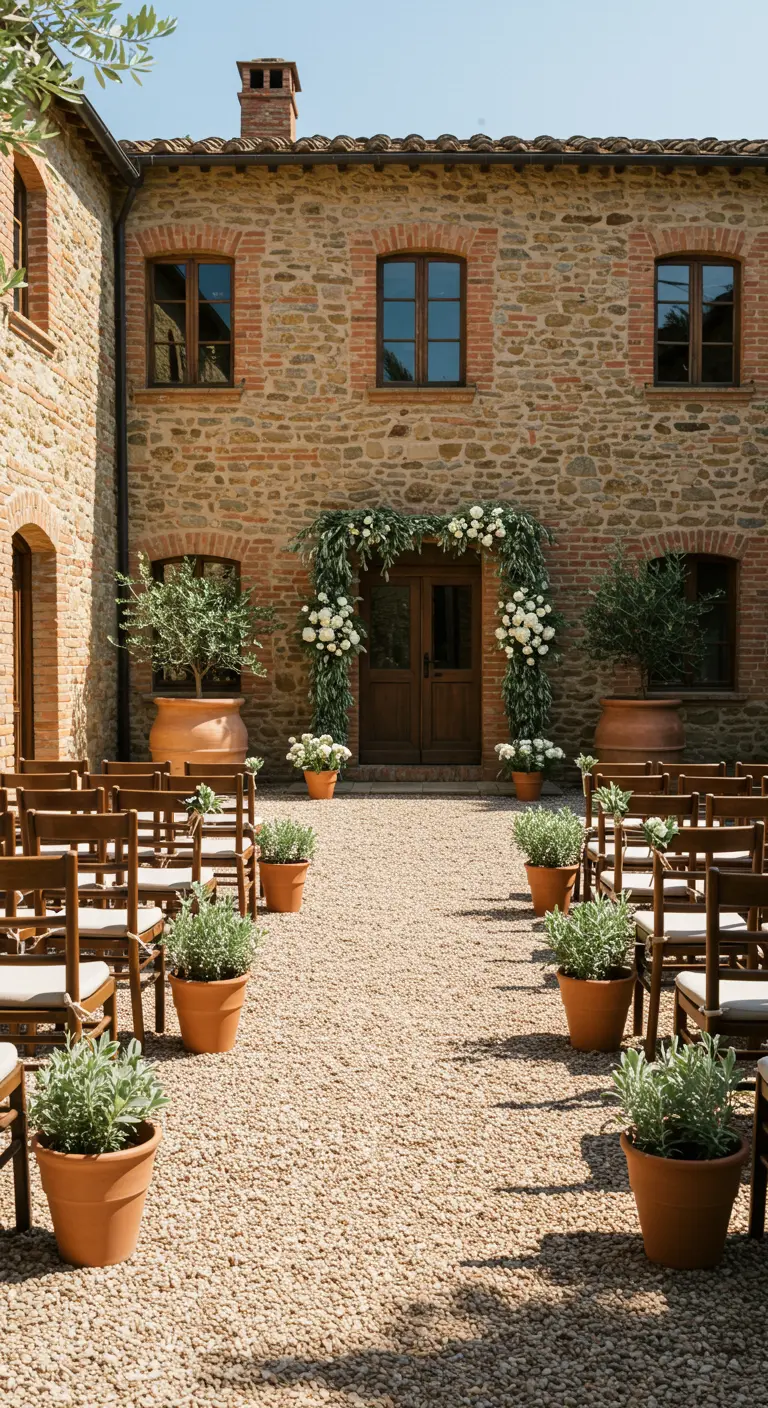 Ceremonie op een binnenplaats met stenen muren, terracotta potten met planten en houten stoelen.