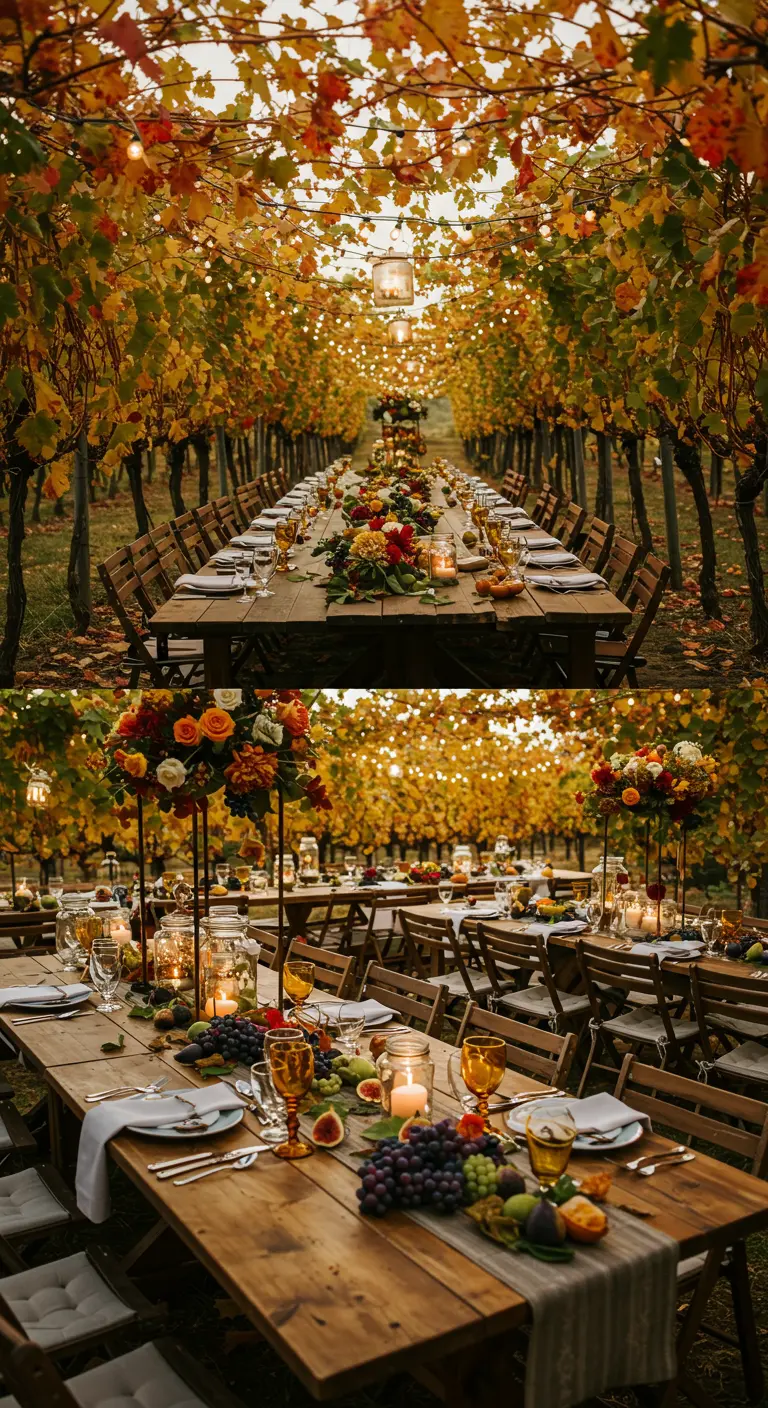 Lange tafel in wijngaard met herfstbloemen en fruitdecoratie.
