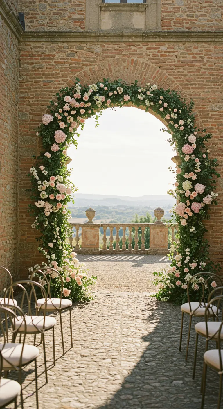 Stenen poort overgroeid met roze en witte bloemen, uitzicht op heuvels.
