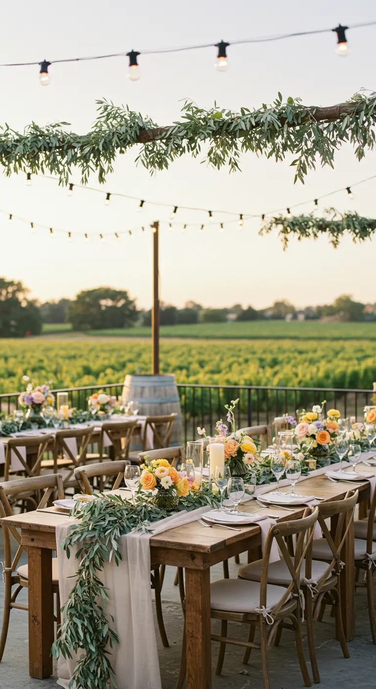 Lange houten eettafel buiten met olijftakken, perzik bloemen en lichtslingers.