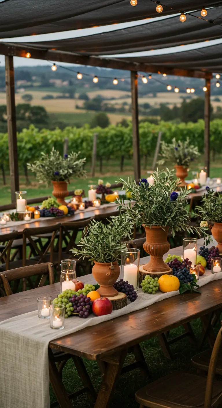 Lange houten tafel gedecoreerd met olijftakken, fruit en kaarsen in een wijngaard.