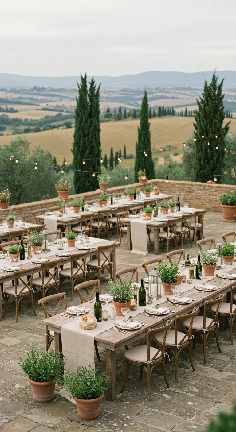 Houten tafels op Toscaans terras met kruidenpotten, olijfbomen en lichtslingers