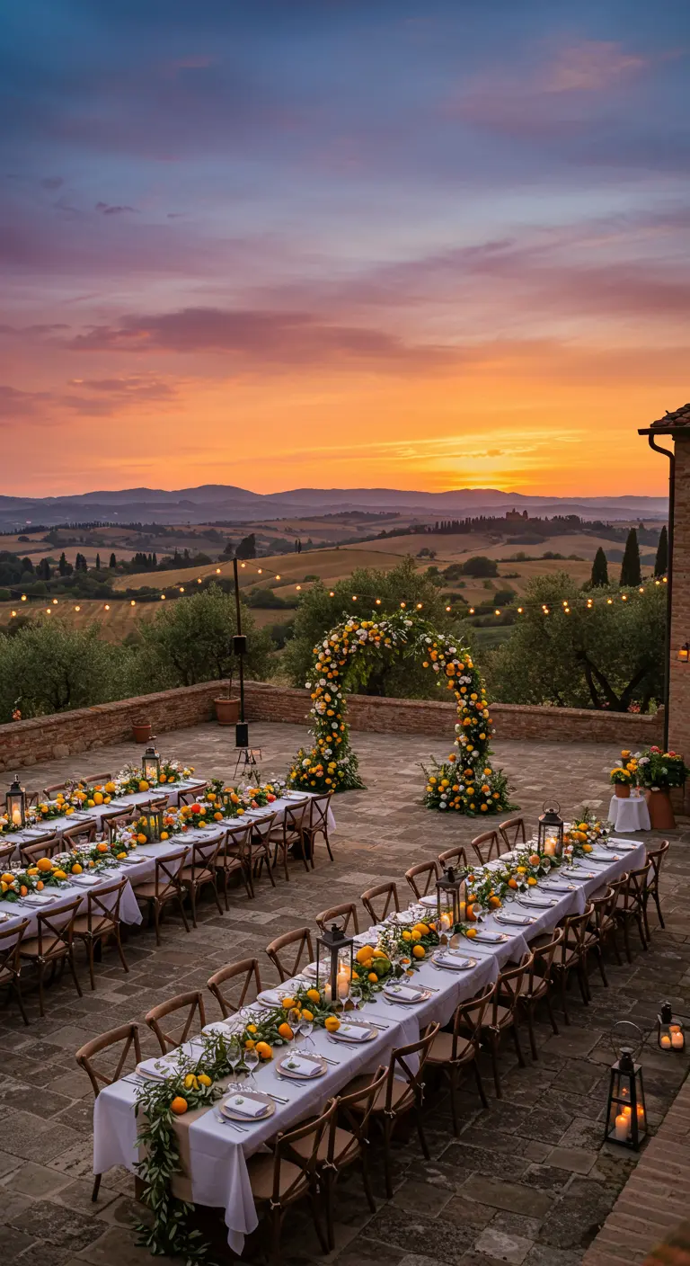 Toscanaans trouwfeest op terras met lange tafels, gele bloemenboog en citrusdecoratie bij zonsondergang.