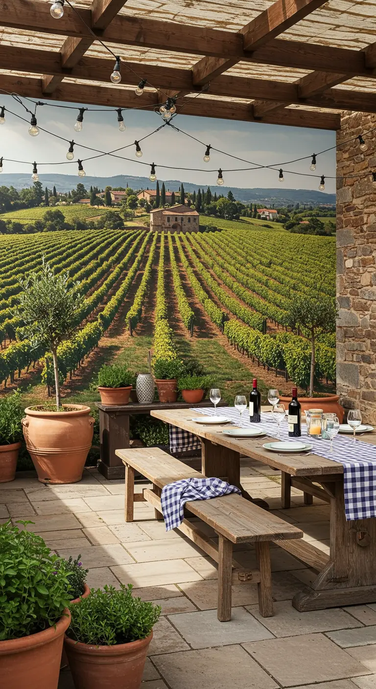 Terras met buitenbehang van Toscaanse wijngaard, houten eettafel en olijfboompjes.