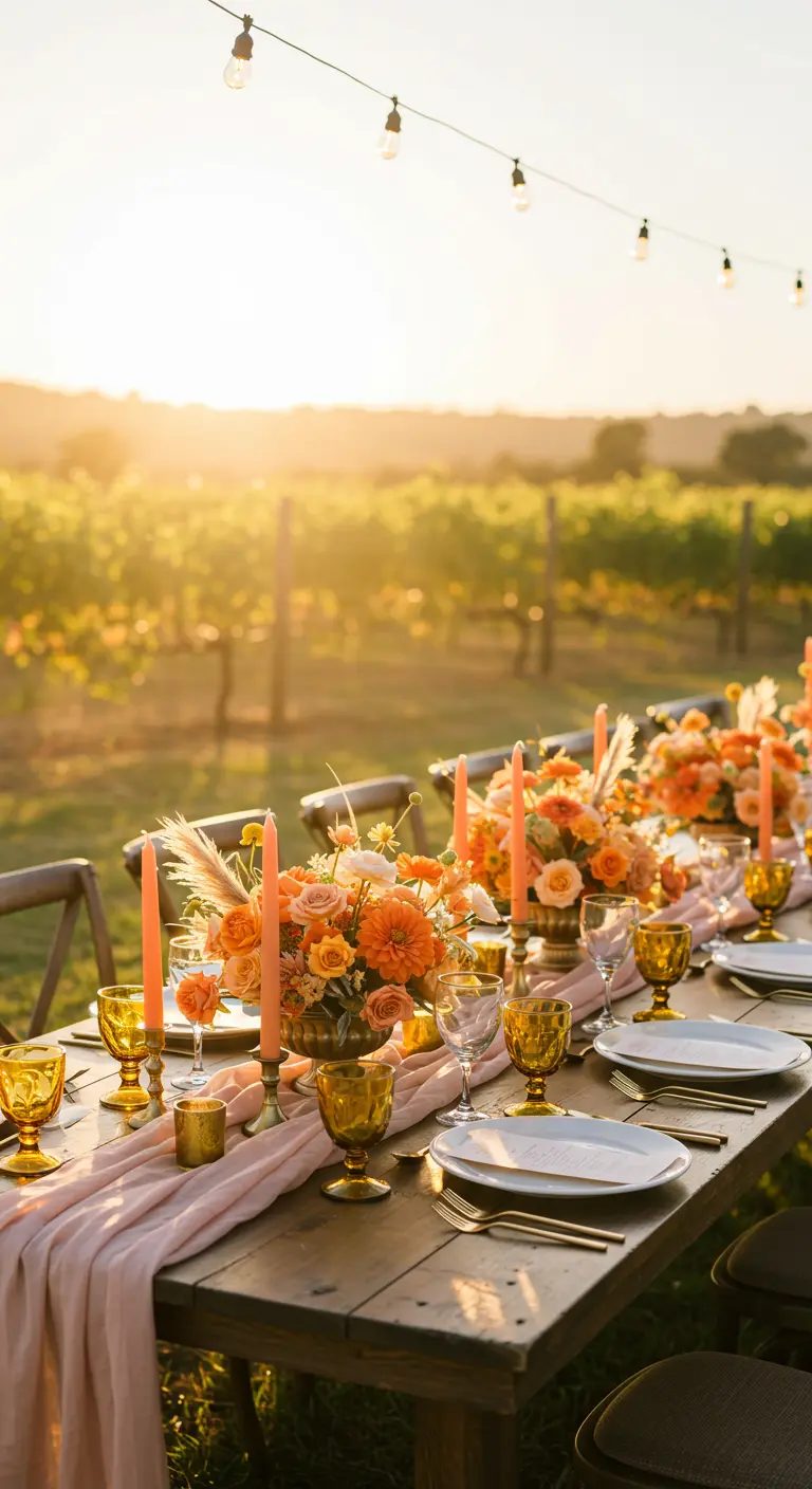 Tafel in wijngaard bij zonsondergang met perzikkleurige loper, oranje bloemen en kaarsen.