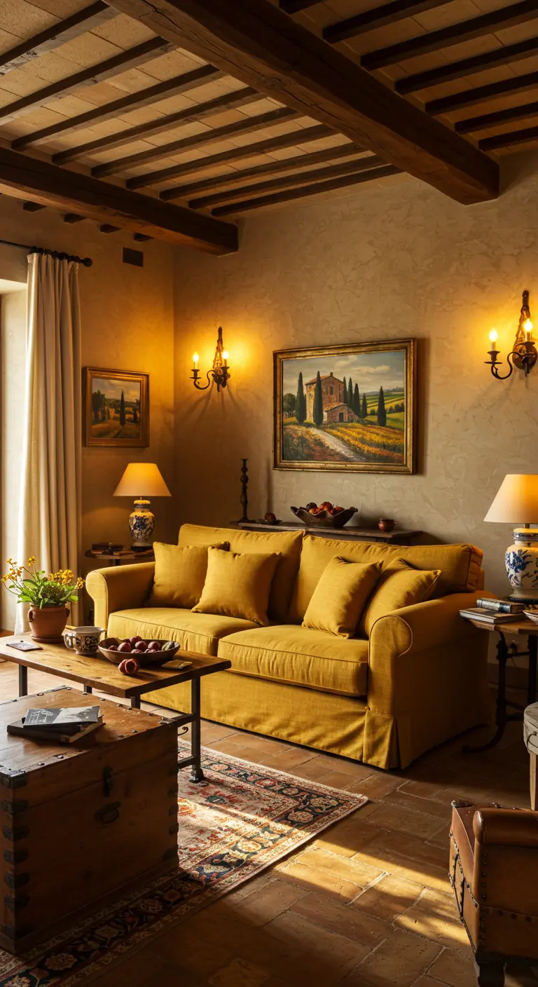 Toscaans interieur met okergele bank, stenen vloer en zichtbare balken.