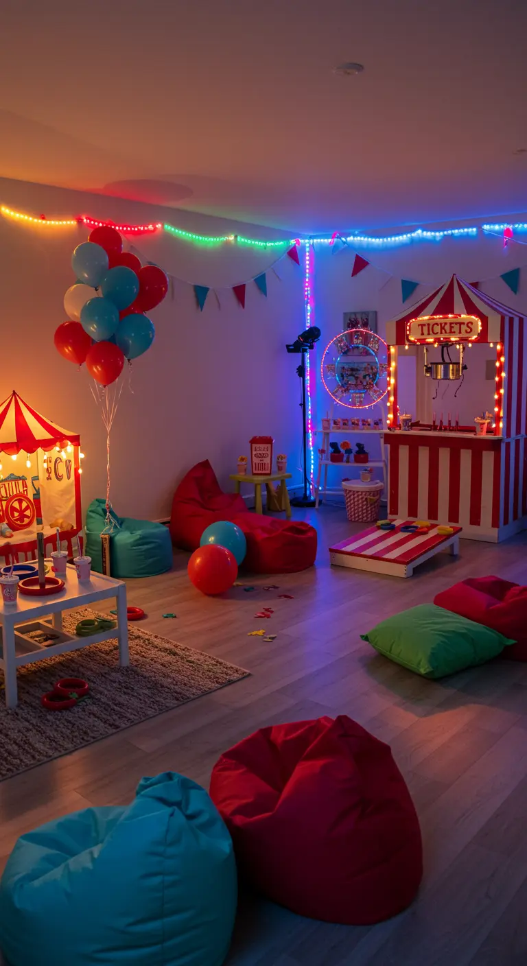 Woonkamer omgetoverd tot een kleurrijke binnenkermis met spelletjes en zitzakken.