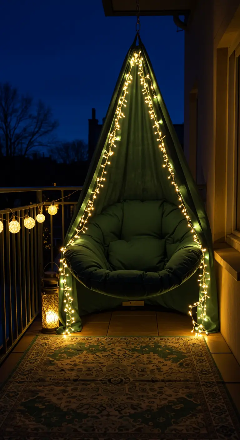Groene hangstoel als tent met lichtsnoer, tapijt en lantaarn op balkon 's nachts.