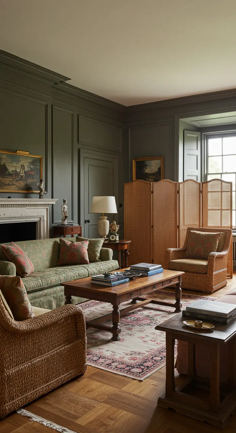 Traditionele woonkamer met donkergroene muren, rotan fauteuils en een rotan kamerscherm.