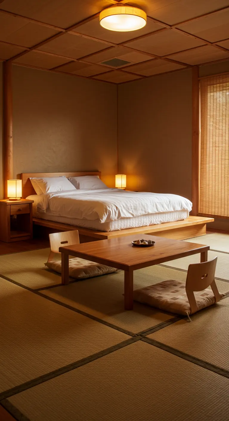 Traditionele Japanse slaapkamer met lage zittafel, kussens en tatami matten.