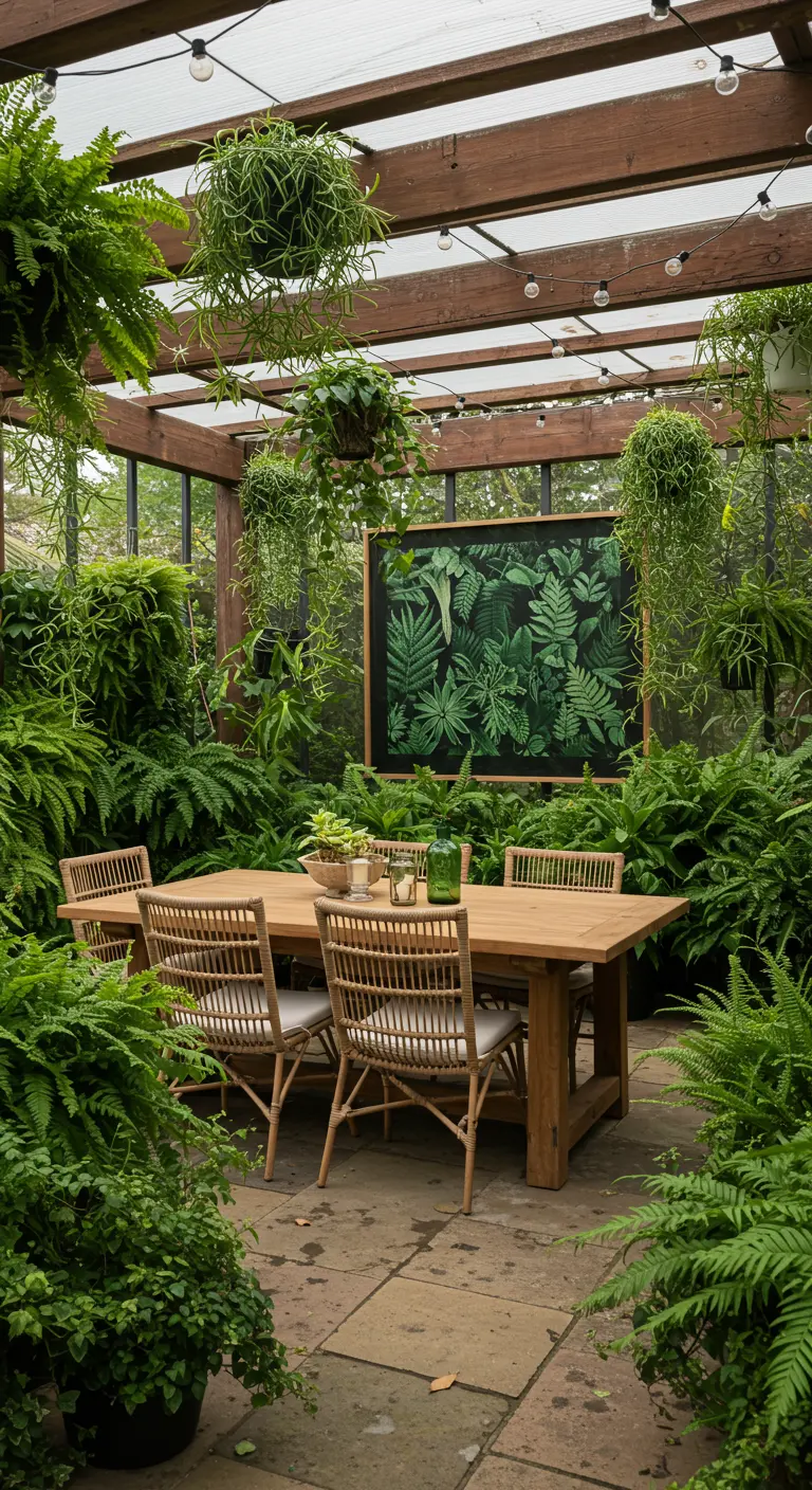 Traditionele eetkamer vol botanische prints op muren en stoelen, houten tafel, diverse stoelen, planten en antieke lampen.