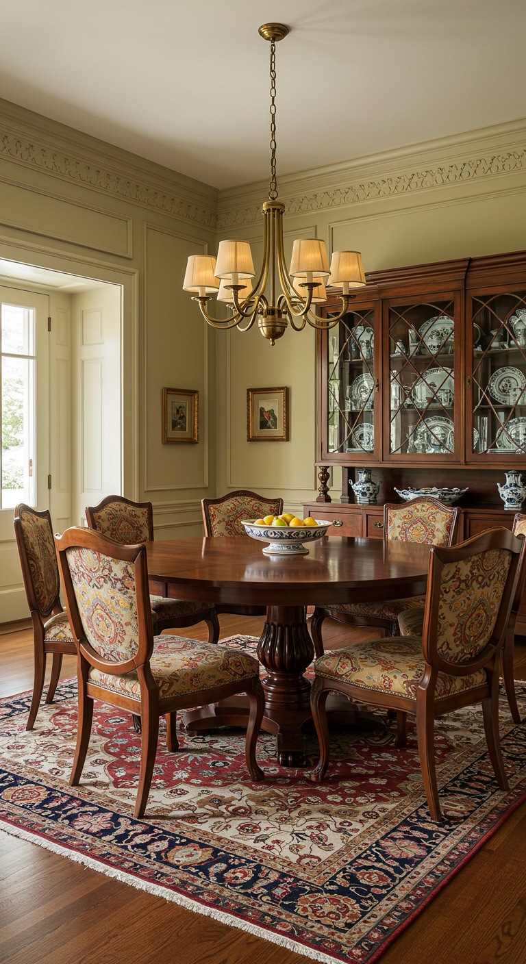 Klassieke eetkamer met ronde donkerhouten eettafel en traditioneel gestoffeerde stoelen.