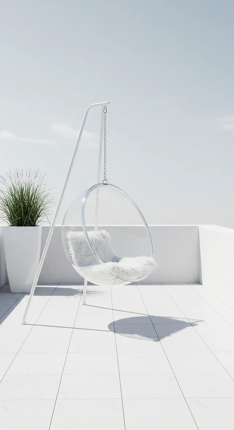 Transparante acryl hangstoel met wit kussen in een wit metalen frame op een wit dakterras.