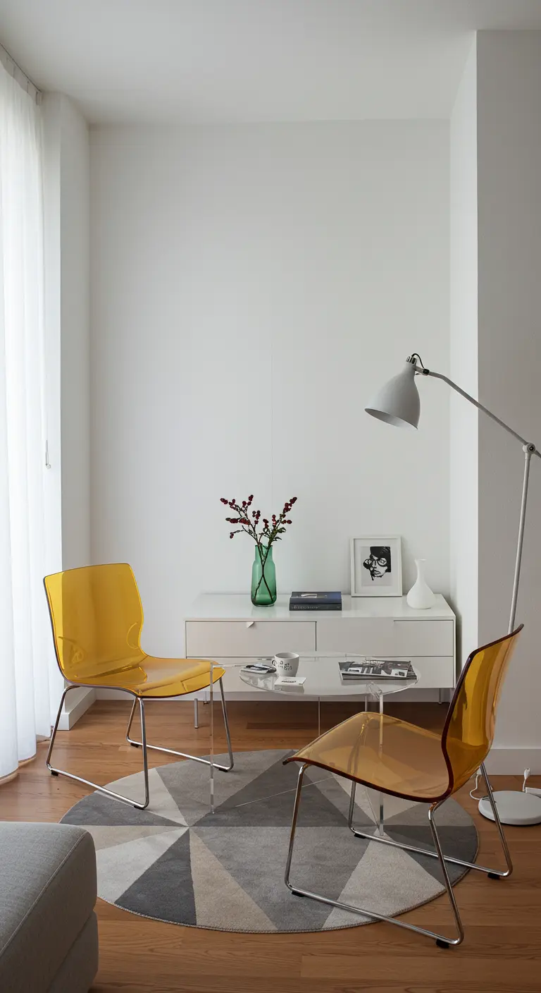Minimalistische zithoek met witte muren, transparant gele stoelen en een rond kleed.