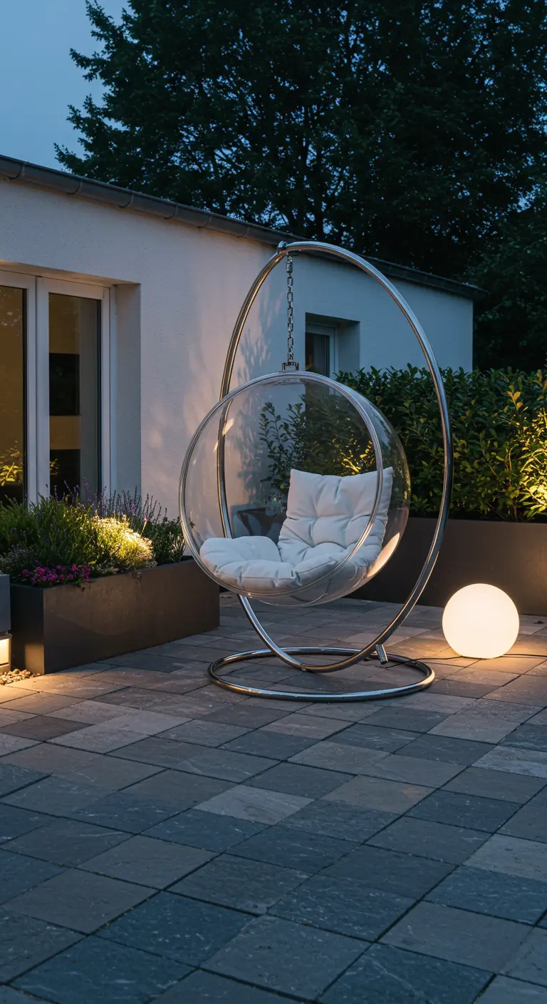 Transparante bubbel hangstoel in een modern verlichte tuin met een grote lichtbol.