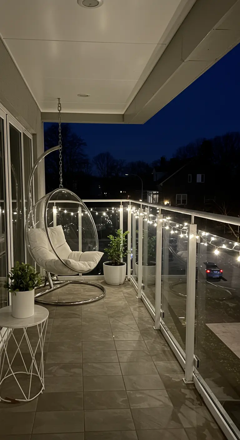 Modern balkon 's nachts met transparante hangstoel, lichtsnoer en uitzicht op de straat.