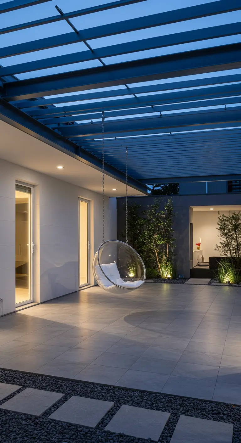 Transparante acryl bubbelstoel hangend aan ketting onder moderne donkere pergola.