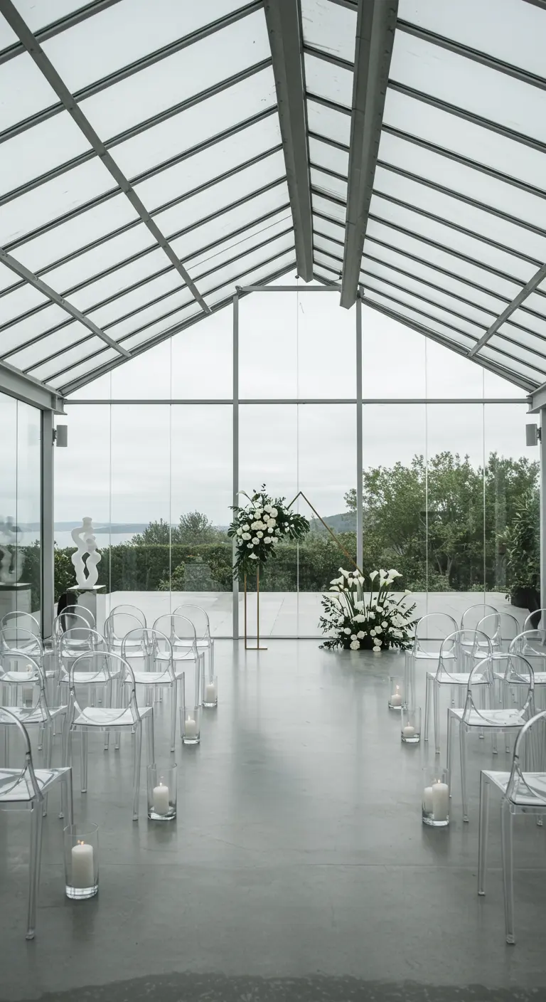 Moderne ceremonie-opstelling in kas met transparante stoelen en witte bloemen.