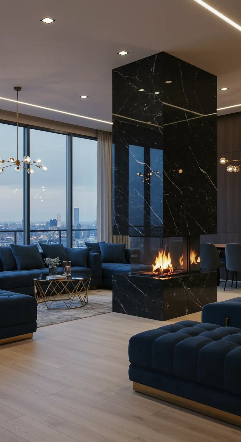 Doorkijkhaard in glanzend zwart marmeren kolom in luxe modern appartement.