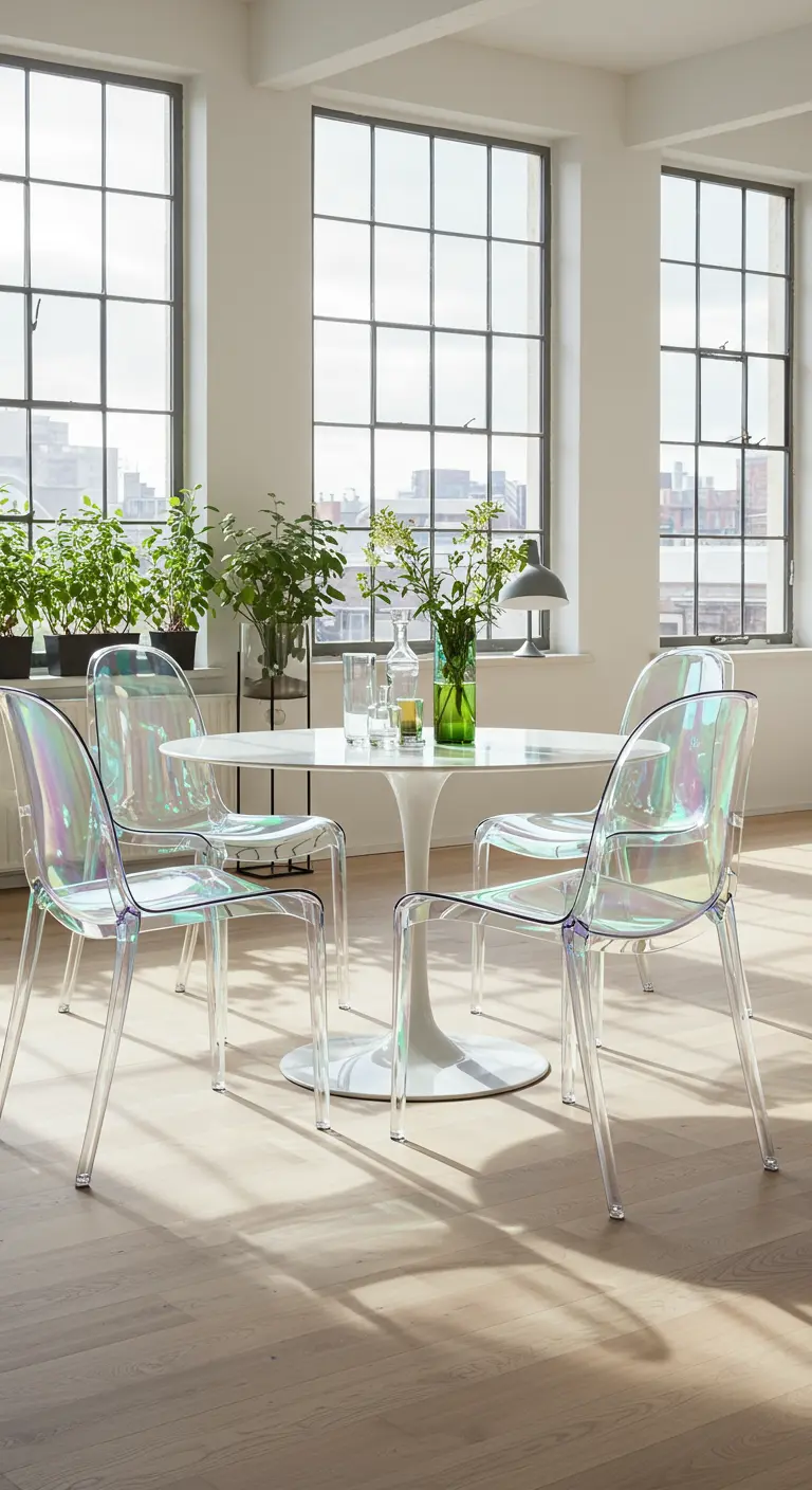 Lichte eetkamer met iriserende doorzichtige stoelen rond een witte ronde tafel.