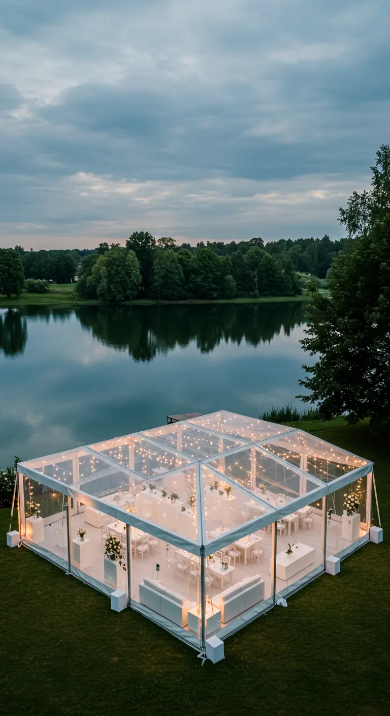 Transparante tent vol lichtjes aan een meer, ingericht voor een bruiloftsdiner.