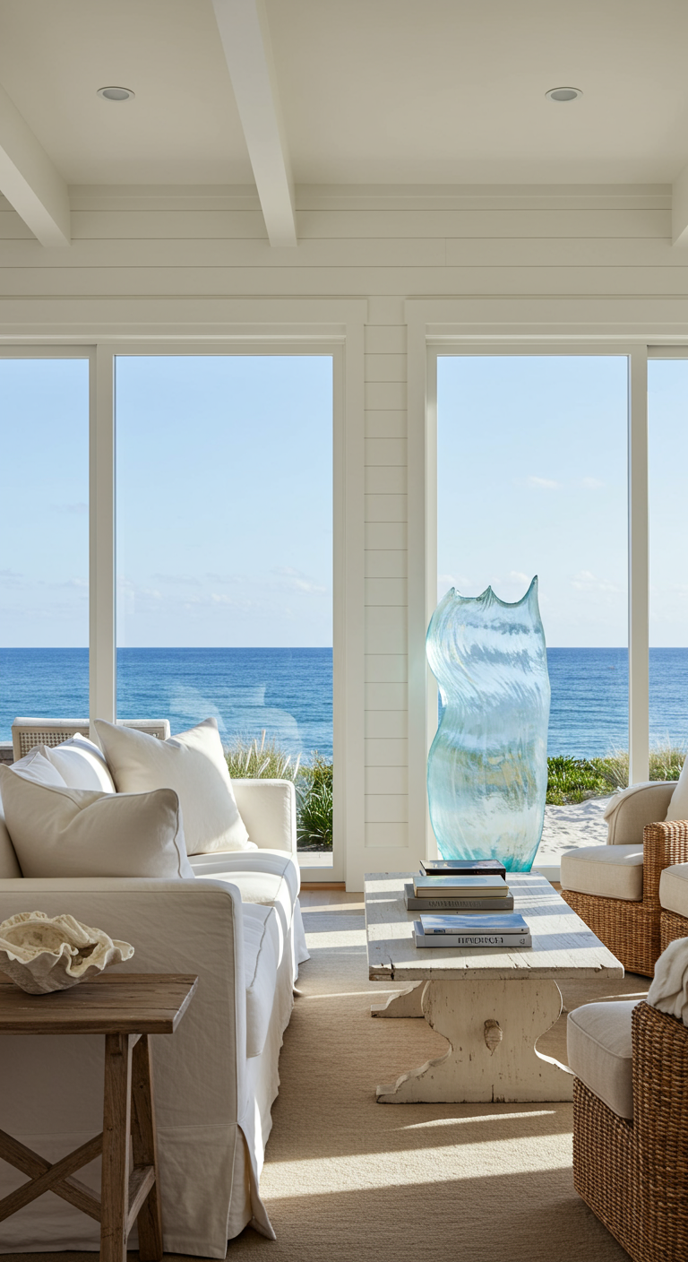 Lichte woonkamer met uitzicht op zee en een groot blauw glazen sculptuur op de salontafel.