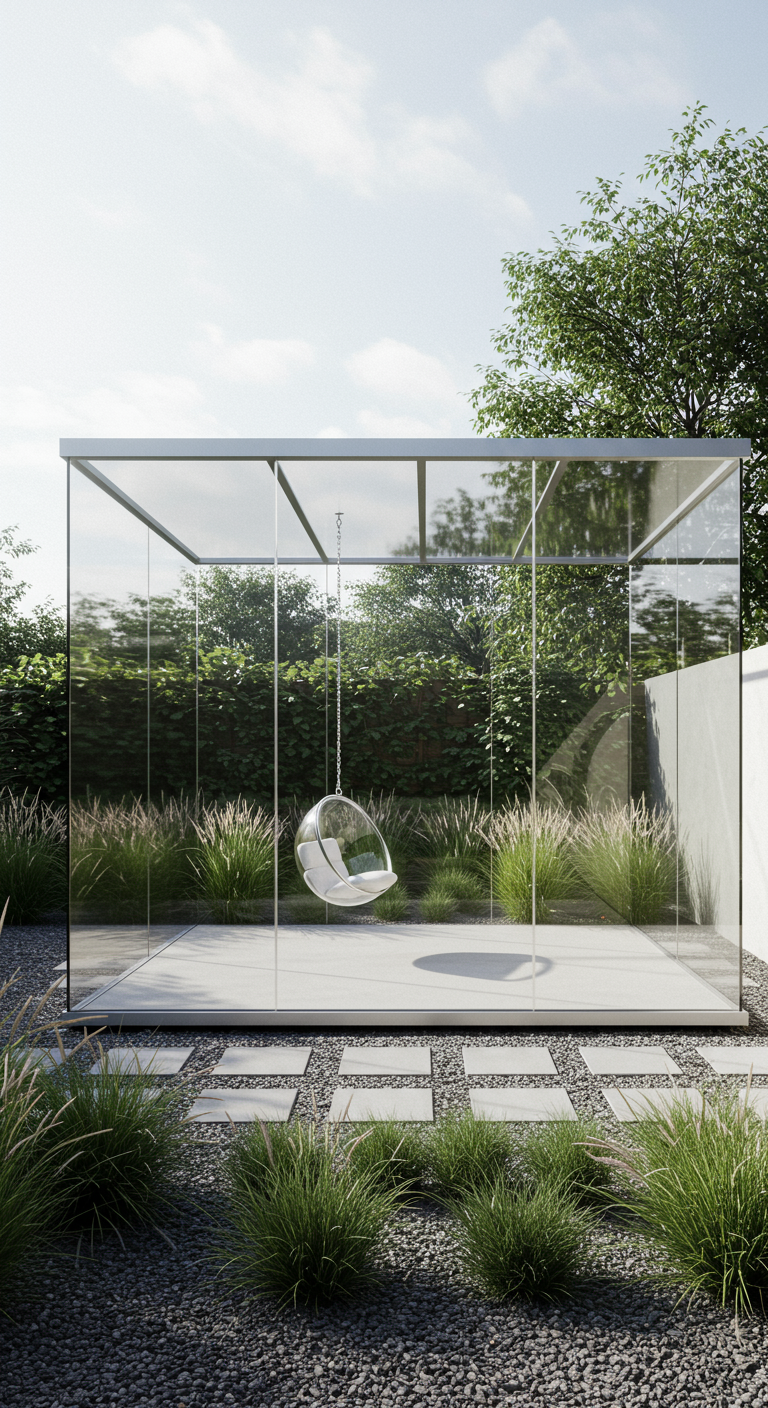 Witte hangstoel in minimalistisch glazen kubus tuinhuis in moderne tuin.