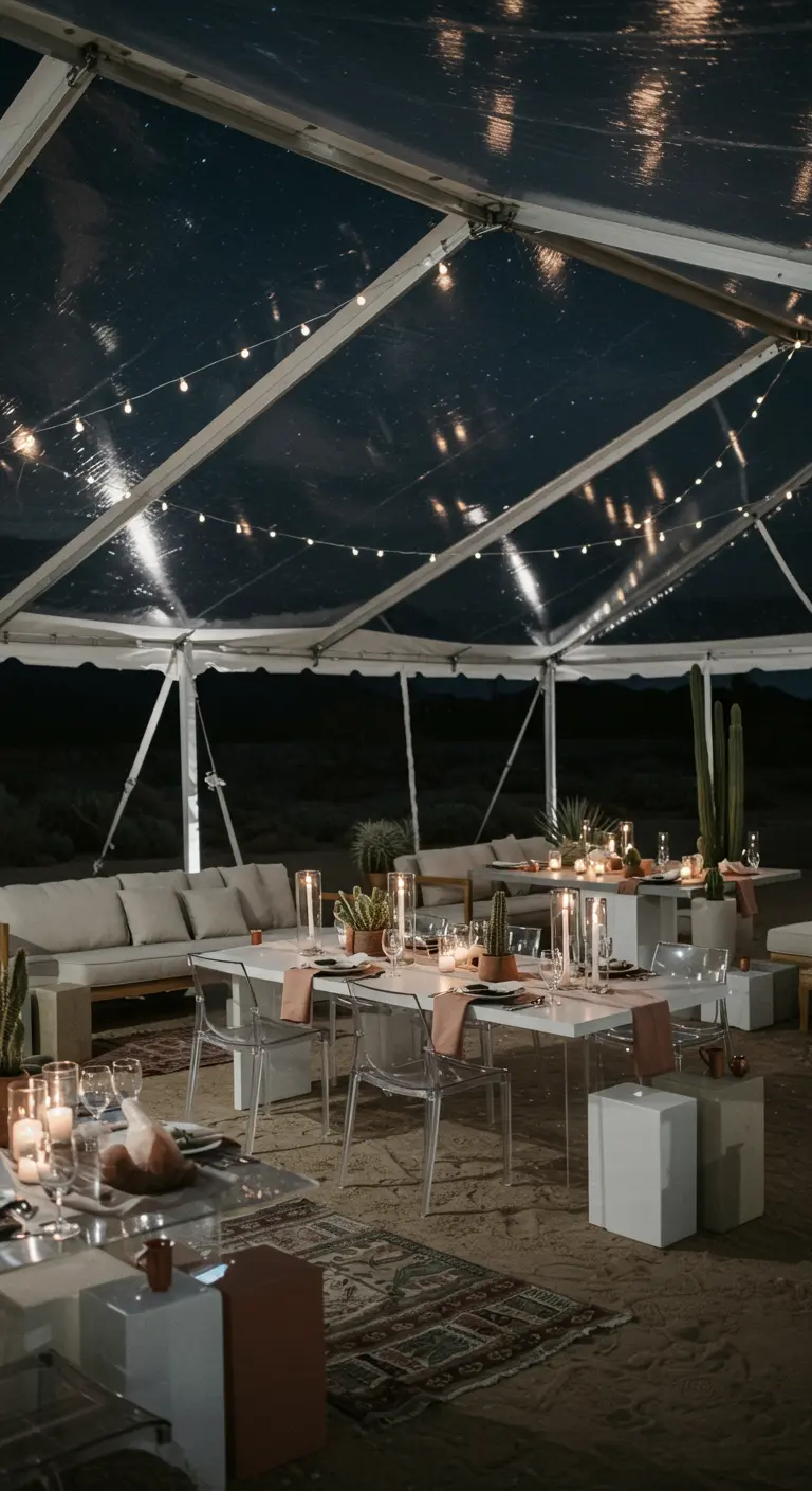Moderne receptie in transparante tent 's nachts in de woestijn, met strak meubilair en cactussen.