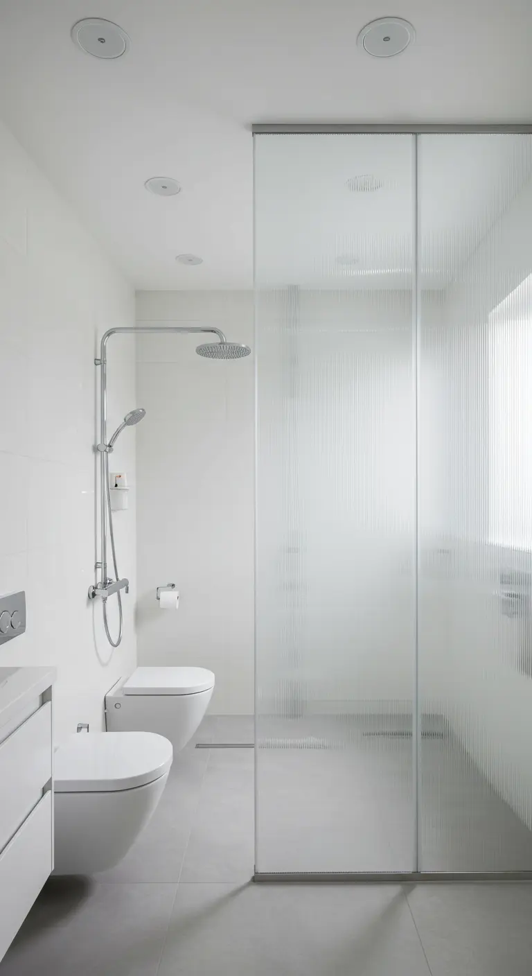 Witte badkamer met een hoge geribbelde glazen douchewand.