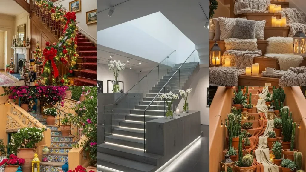 Creatief versierde trappen met kerstdecoratie, gezellige kussens, diverse planten en sfeervolle verlichting.