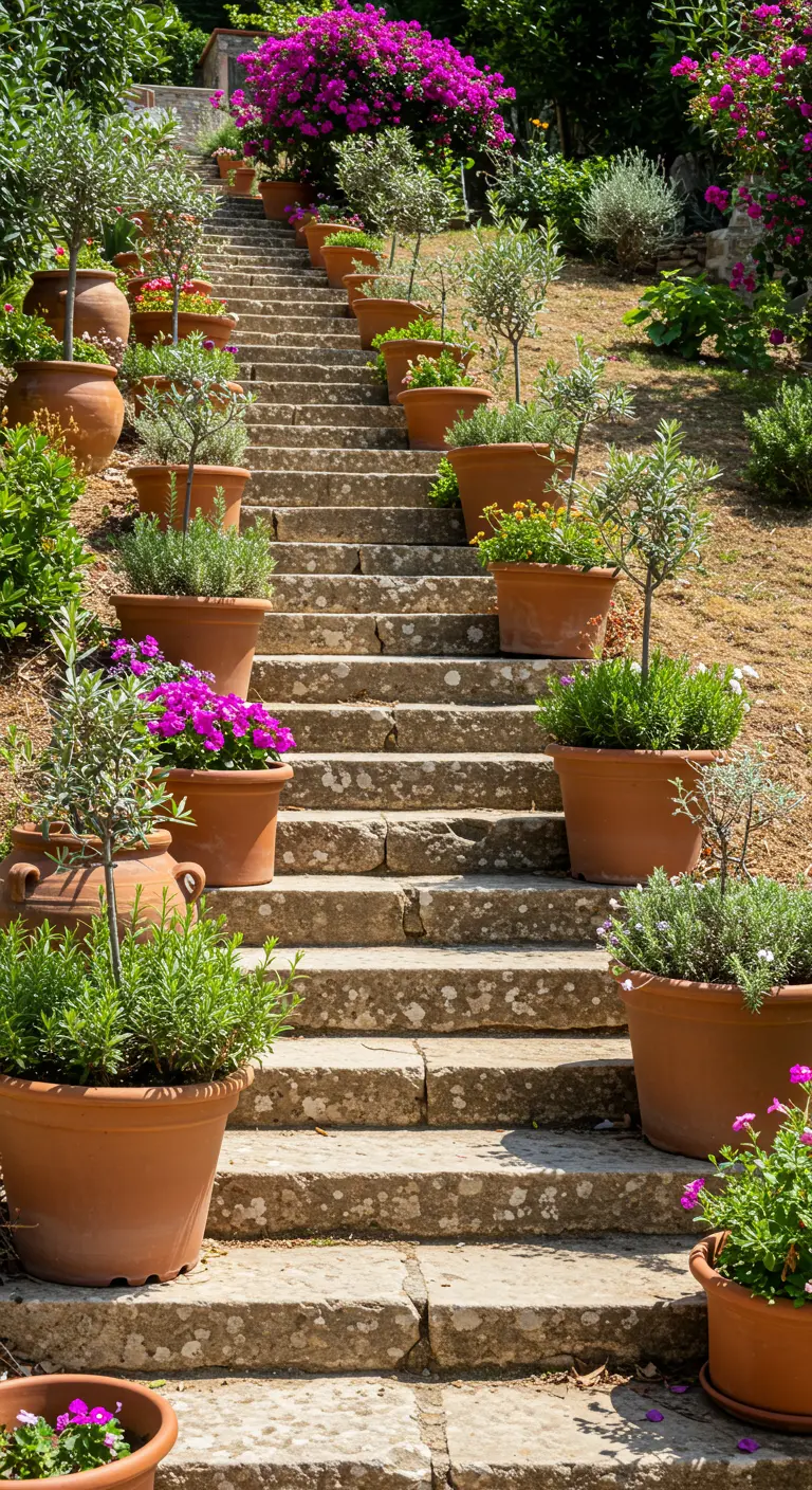 Stenen tuintrap vol met terracotta potten met groene planten en bloemen.
