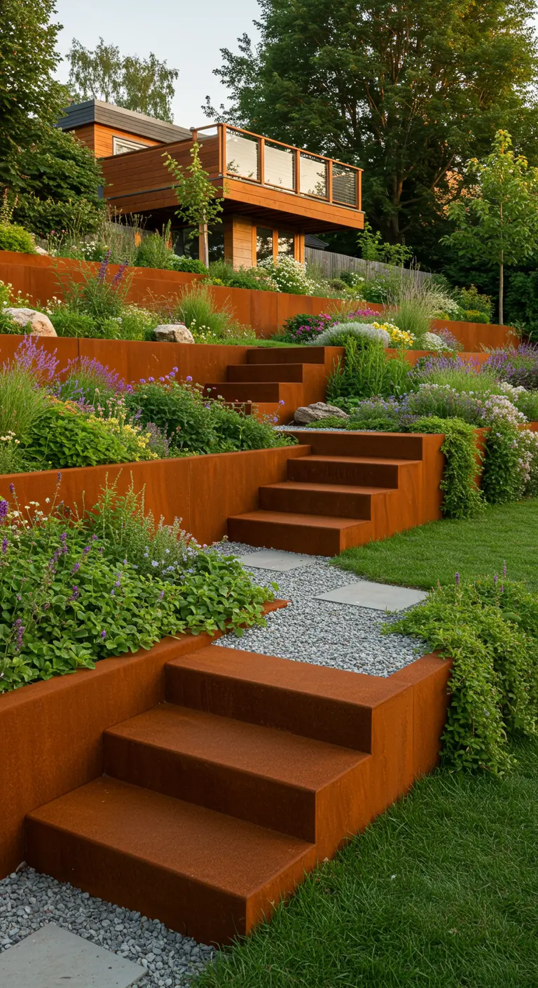 Hellingtuin met cortenstalen trappen en terrassen vol kleurrijke bloemen.